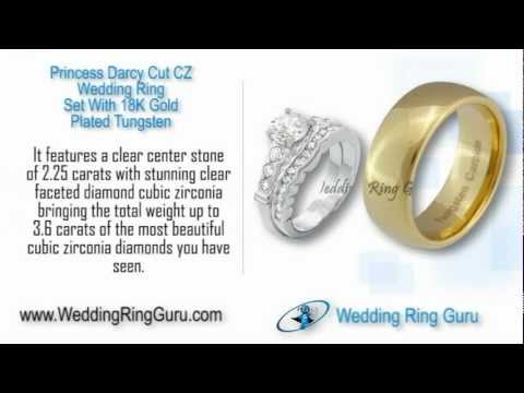 Princess Darcy Cut CZ Wedding Ring Set With 18K Gold Plated Tungsten 