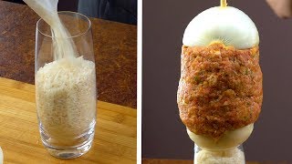 Pour 1 Bag Of Rice In A Glass And Start Stacking Ground Beef &amp; Onions