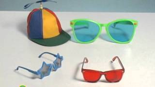 Image of three pairs of sunglasses and one hat from Sesame Street's