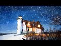 Watercolor painting a lighthouse in a starry night -masking and leave white techniques