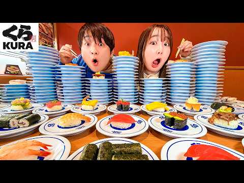 【検証】くら寿司のメニュー全制覇!?もう食べられないよ...男女で本気の大食いチャレンジ!指差しじゃんけんでデザートゲット♪【くら寿司】