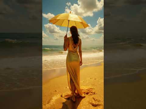 Woman in a golden dress with a golden umbrella on golden sand looking at the ocean