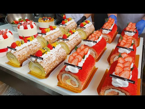 부드러운 시트안에 크림이 한가득! 딸기 롤케이크, 파주에 있는 베이커리 / How to make strawberry roll cake - Korean street food