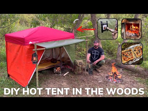 Solo Overnight Building a DIY Emergency Hot Tent in The Woods and Bacon French Bread Pizza