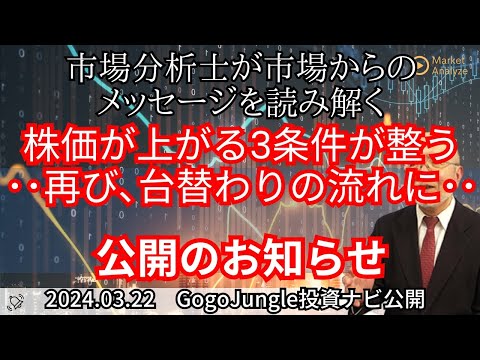 【相場からのメッセージを読み解く】株価が上がる3条件が整う　・・再び、台替わりの流れに・・【資料は概要欄より】