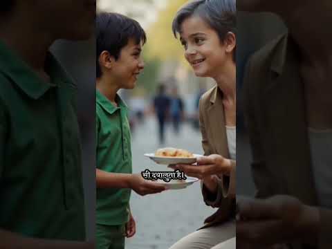 एक गरीब बच्चा, भूख से बेहाल, सड़क पर बैठा है। एक दयालु औरत उसे रोटी देती है, और बच्चा उसे 'ज़िंदगी'