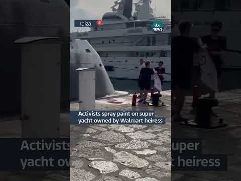 Activists spray paint on super yacht owned by Walmart heiress #yacht #superyacht #ibiza #spain