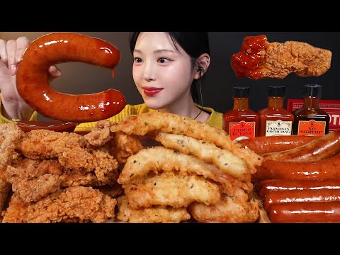 SUB)칼로리 폭탄 KFC 후라이드치킨에 대왕킬바사 피쉬앤칩스 먹방! 하랜띵스 소스에 푹푹 찍어 먹어볼게요 Chicken & Sausages Mukbang Asmr