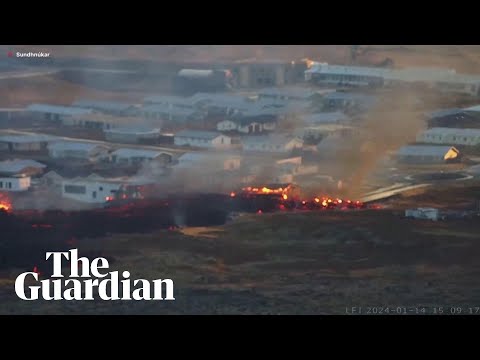 Buildings seen on fire after volcano erupts in south-west Iceland