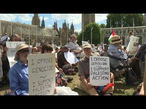 Demonstrators hold up placards in support of Palestine Action in central London | AFP