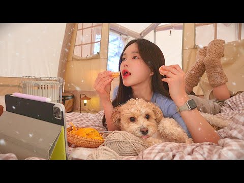 ❄️눈이 소복이 쌓인 조용한 숲속 따뜻한 에어텐트 | 편백찜에 소주한잔 | 붕어빵만들어먹고 ☃️눈사람 만들기