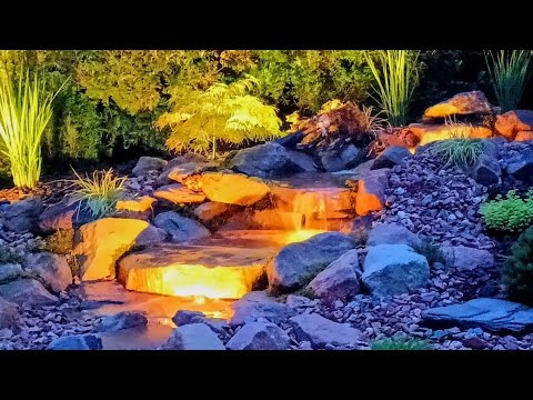 HOW TO BUILD BEAUTIFUL WATER STREAM YOURSELF: SMALL WATERFALL, LIGHTING,CREEK SANDSTONE ROCKS,PLANTS