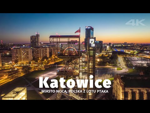 KATOWICE nocą z lotu ptaka | Spodek, Muzeum Śląskie, Filharmonia Śląska [4K]