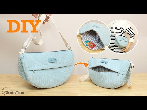 DIY Half Moon Bag with Front & Inside Pockets 🍒 How to make a Corduroy Sling Bag