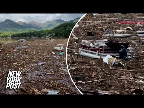 Debris clogs North Carolina lake caused by Hurricane Helene