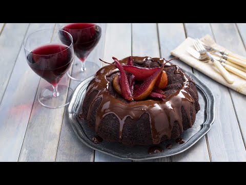 Chocolate and red wine cake with pears