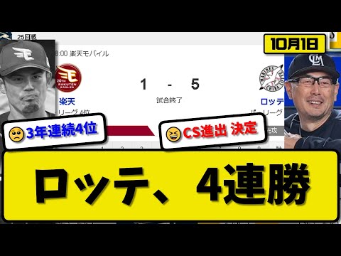 【3位vs4位】ロッテマリーンズが楽天イーグルスに5-1で勝利…10月1日逆転勝ちで4連勝 CS進出決定…先発佐々木完投1失点10勝目…岡&中村&藤原が活躍【最新・反応集・なんJ・2ch】プロ野球