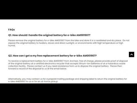RECALL Ancheer Batteries for E bikes with Model Number AM001907