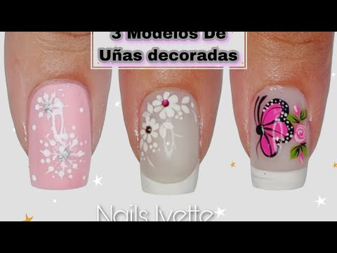3 Modelos De Uñas decoradas/ Diseño de uñas copo de nieve, flores sencillas blancas y mariposa