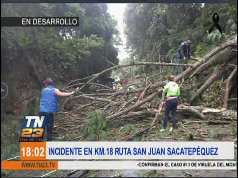 Árbol se desplomó y derribó un poste del tendido eléctrico en ruta a San Juan Sacatepéquez
