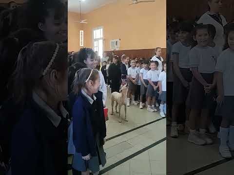 ¡El perrito patriótico! Copito entona las estrofas del himno junto a los alumnos