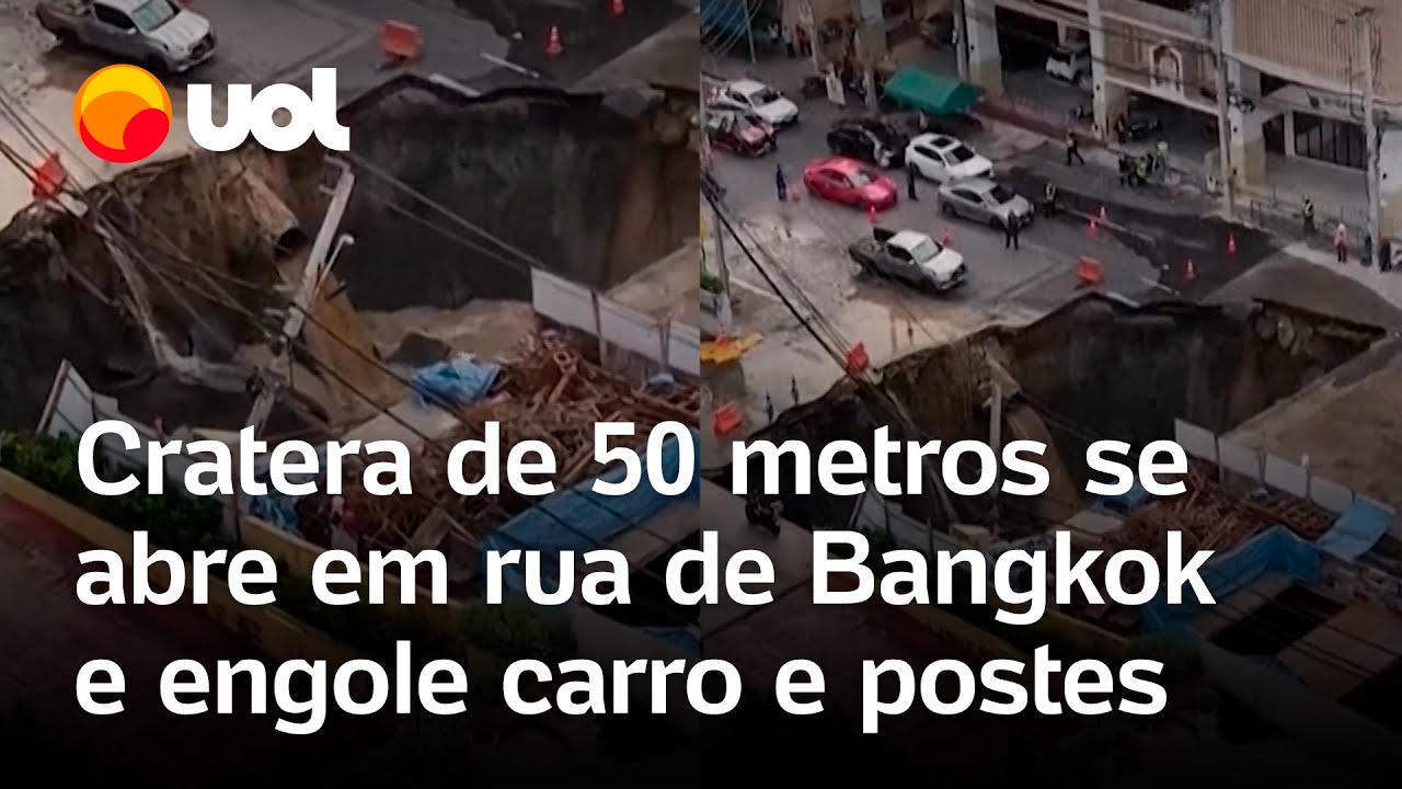 Cratera gigante se abre em rua de Bangkok na Tailândia e engole carro e poste veja vídeo