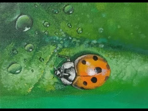 Acrylic painting on canvas – Lady bug on leaf with water droplets by Vikash Kumar
