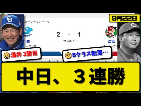 【3位vs5位】中日ドラゴンズが広島カープに2-1で勝利…9月22日3連勝で最下位2ゲーム差…先発涌井6回1失点3勝目…鵜飼&村松が活躍【最新・反応集・なんJ・2ch】プロ野球