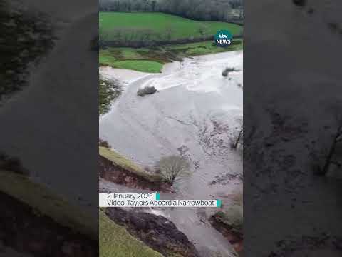 Aerial footage from Cheshire shows a collapsed canal bank amid heavy rain #itvnews  #weather #shorts