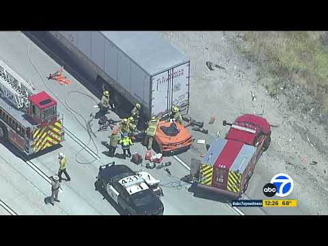 Corvette pinned under big rig after crash on 5 Freeway in Castaic