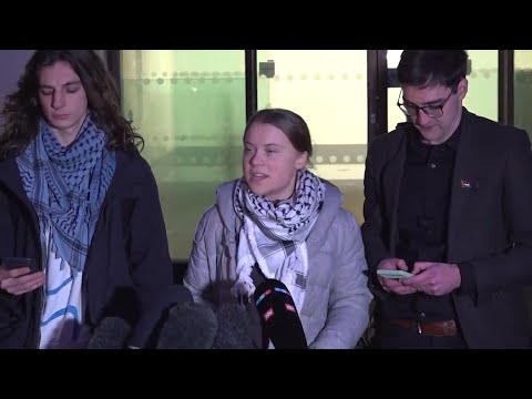 Climate activist Greta Thunberg speaks after the first day of trial in London