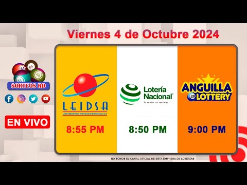 Lotería Nacional LEIDSA y Anguilla Lottery en Vivo ?Viernes 4 de Octubre 2024/ 8:55 P.M.