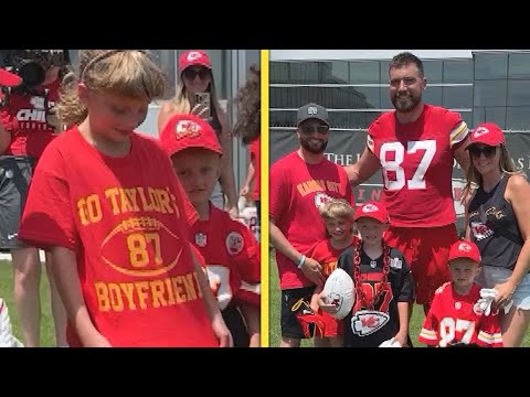 Travis Kelce Meets Young Cancer Survivor and Sister Wearing 'Go Taylor's Boyfriend' Tee