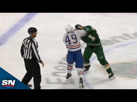 Oilers Ty Emberson Goes Toe-To-Toe With Wilds Jakub Lauko At Centre Ice