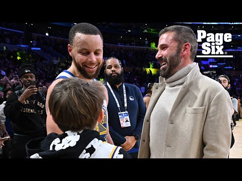 Ben Affleck’s mini-me son, Samuel, rocks Lakers jersey while chatting with Warriors star Steph Curry