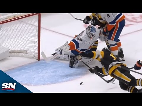 Islanders Marcus Hogberg Extends Paddle for Remarkable Save on Penguins Bryan Rust