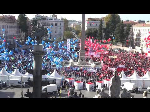 Demo in Rome on day of four-hour national strike, while students hold pro-Palestinian protest