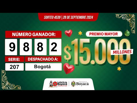 Premio Mayor | Lotería de Boyacá Sorteo 4539 #CanalTelesantiago 28 de septiembre 2024