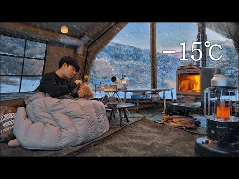 -15℃ Camping in Snow Mountain with My Dog . Inflatable Hot Tent . Wood Stove ASMR