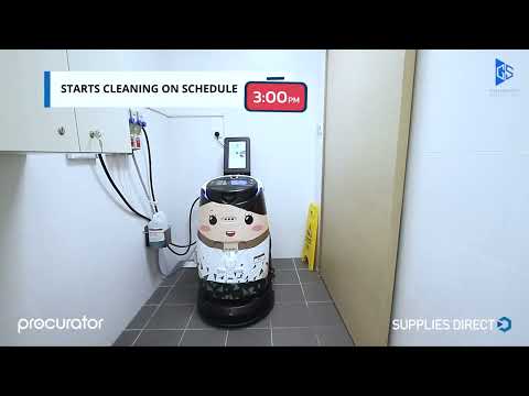 ECOBOT Scrubber 50 – mindre kombiskurmaskin – använder servicestation och automatisk dörröppning.