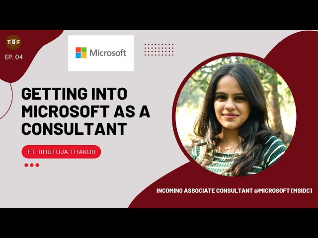 LIKE | SHARE | SUBSCRIBE | KEEP HELPING & MOTIVATINGThis video showcases the personal experiences of Rhutuja Thakur, a final year BTech - IT student at KJ Somaiya, Mumbai from her journey of applying to Microsoft India Development Center and getting an offer of Associate Consultant. Her experiences can help you make some wise decisions, but these experiences need to be taken with the utmost attention. Listen to the recommendations, but always take your final decisions by yourself.Timestamps:
00:00 - Introduction
00:28 - About Rhutuja Thakur
01:06 - Past Internship Experience (Banking Sector)
02:35 - How to get a job at Microsoft (MSIDC)?
06:11 - Rounds, Process, and Prep Material
10:13 - Resume Requirements
14:36 - Suggestions from Rhutuja ThakurAbout MSIDC:Microsoft India Development Center is one of Microsoft’s largest R&D centers outside the Redmond headquarters. Set up in Hyderabad in 1998, they represent Microsoft’s strategy of globally shared development to build products and services. Some of India’s most talented people work at their locations in Bengaluru, Noida, and Hyderabad, within any of Microsoft’s three technology groups – Microsoft’s Artificial Intelligence (AI) & Research Group, Cloud & Enterprise Group, and Experience & Devices Group.Career Portal of MSIDC:
https://careers.microsoft.com/us/enWatch this video till the end to not miss any important detail. If you are planning to apply to Microsoft India Development Center as an Associate Consultant, then this is the perfect video for you.Rhutuja Thakur: https://www.linkedin.com/in/rhutuja-thakur-299b921b0/
Email ID: rhutuja.t@somaiya.eduMy Blog Website: https://thebrownfella.comFind me at:
LinkedIn: https://www.linkedin.com/in/vedant-athavale/
LinkedIn Page: https://www.linkedin.com/company/the-brown-fella/?viewAsMember=true
Instagram: https://www.instagram.com/_an__aesthete/
Twitter: https://twitter.com/thebrownfella_
Portfolio Website: https://vedantathavale.webflow.io/
Email ID: vedantathavale@thebrownfella.comWho am I? (In Brief):A final year (senior) student at VJTI, Mumbai pursuing Electronics and Telecommunications Engineering. Interested in Front End Development, UI/UX, Data Analytics, and Story Telling ofcourse!Note:This video does not intend to compare any companies, organizations, or other institutions out there. This video solely describes the experiences of students applying to some of the companies/colleges out there. Every company/college has its own advantages and a brand name. We do not intend to demean the brand in any way. We respect every company's/college's brand and its legacy.