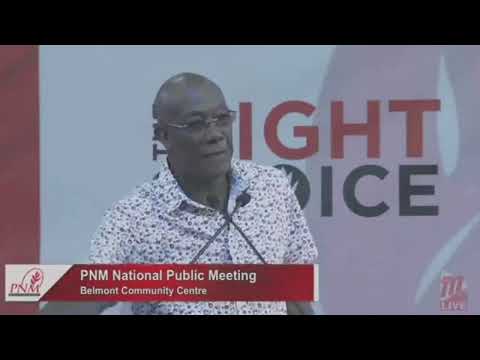 Prime Minister, Dr. Keith Rowley, speaking at the PNM public meeting at the Belmont Community Centre