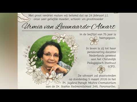 De uitvaartdienst en crematie van Urmia van Leeuwaarde - Alwart. Donderdag 5 maart 2026.