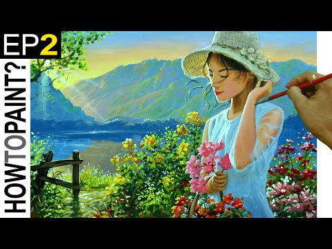 Lady With Basket Of Flowers In Garden, Flower Garden Painting Tutorial