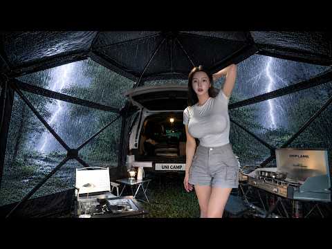 ☔Heavy Rain Camping with Luxury Car Tent⚡️ Rain & Thunderstorms ASMR