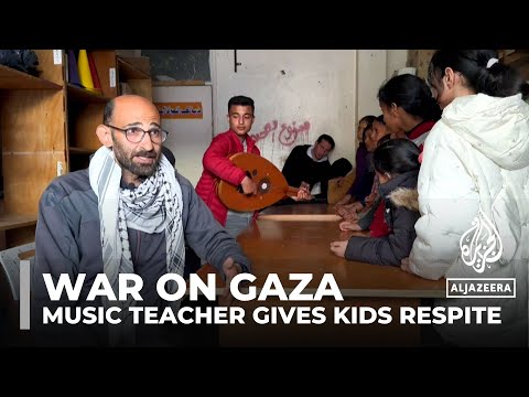 Palestinian music teacher offers comfort and escape to displaced children in Gaza