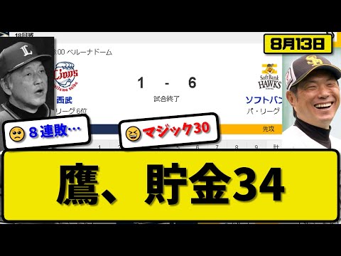 【1位vs6位】ソフトバンクホークスが西武ライオンズに6-1で勝利…8月13日3連勝で貯金34マジック30…先発モイネロ1失点完投9勝目…近藤&甲斐&川村が活躍【最新・反応集・なんJ・2ch】プロ野球