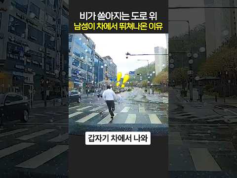 비가 쏟아지는 도로 위 남성이 차에서 뛰쳐나온 이유