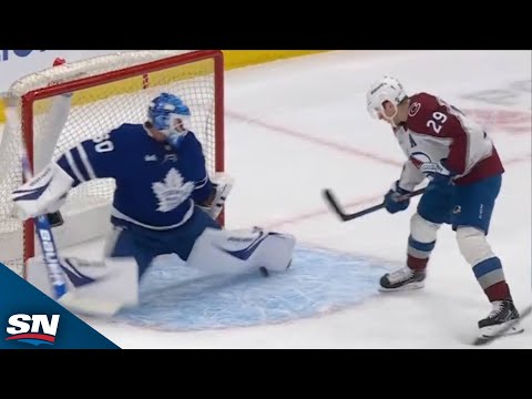 Maple Leafs Joseph Woll Extends Pad to Rob Avalanches Nathan MacKinnon On Doorstep