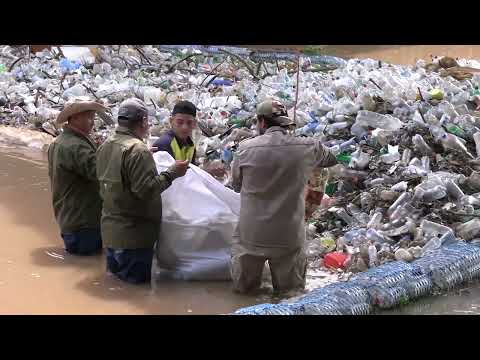 Realizan la limpieza de basura retenida en la riobarda de un rio en Pasaquina, La Unión.